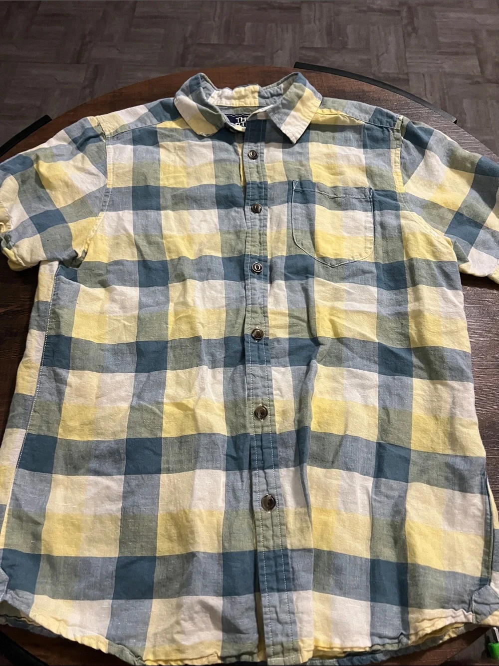 The North Face Yellow and Blue Plaid Short-Sleeve Button-Down Shirt